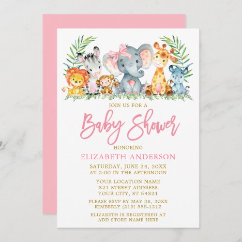 Brush Script Safari Animals Pink Bow Baby Shower Invitation