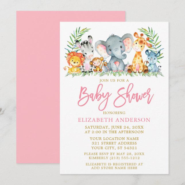 Brush Script Safari Animals Pink Gold Baby Shower Invitation (Front/Back)