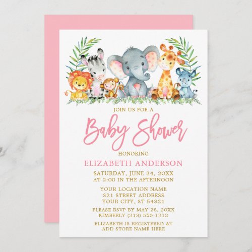 Brush Script Safari Animals Pink Gold Baby Shower Invitation