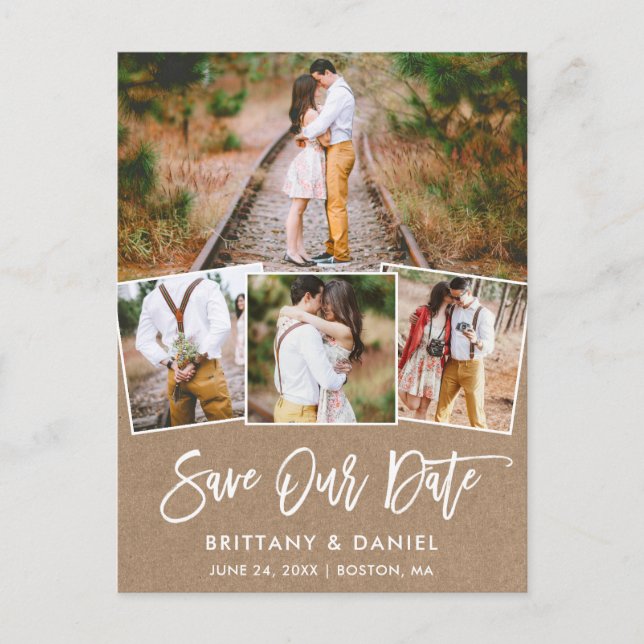 Brush Script Save Our Date 4 Photo Kraft Postcard (Front)
