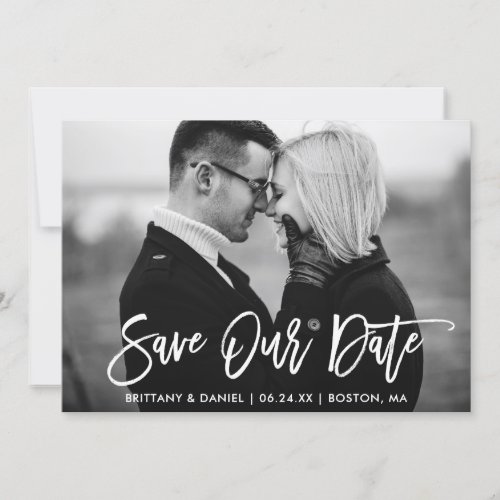 Brush Script Save Our Date Black and White Card