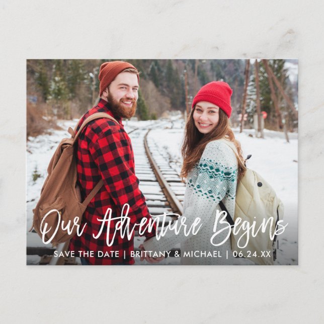 Brush Script Save The Date Adventure Couple Photo Postcard (Front)