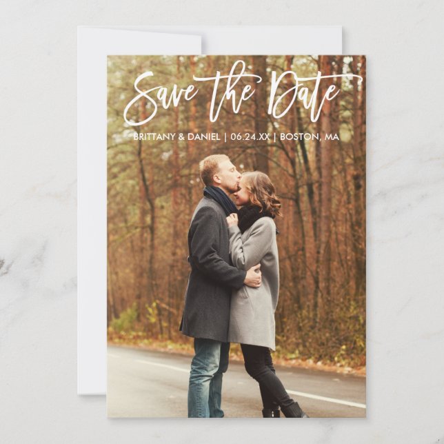 Brush Script Save The Date Couple Photo Card (Front)