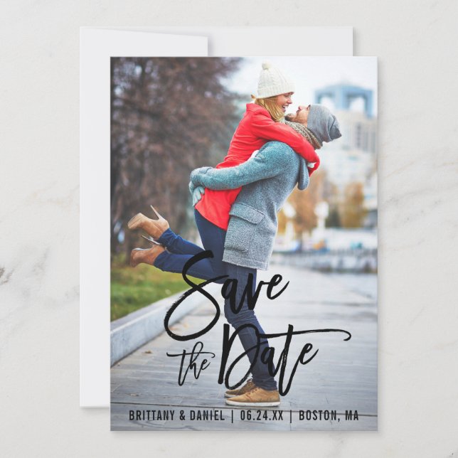 Brush Script Save The Date Photo Engagement Card (Front)