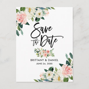 Brush Script Save the Date Pink White Floral Announcement Postcard