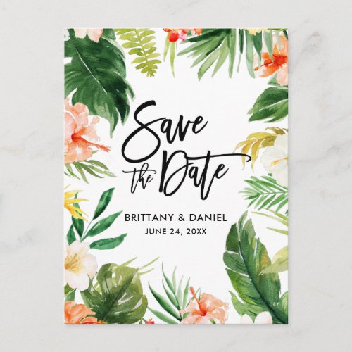 Brush Script Save the Date Tropical Coral Floral Postcard