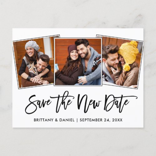 Brush Script Save The New Date 3 Photo Postcard