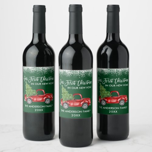 Brush Script Snow 1st Christmas Home Truck Green Wine Label