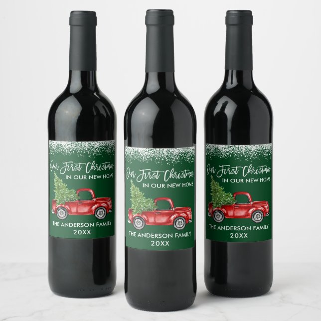 Brush Script Snow 1st Christmas Home Truck Green Wine Label (Bottles)