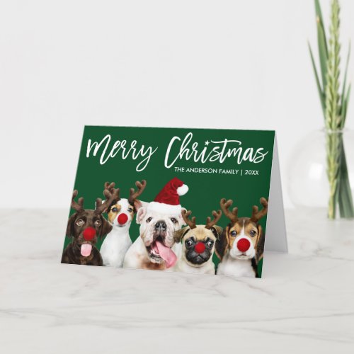 Brush Script Star Christmas Dogs Green Folded Holiday Card
