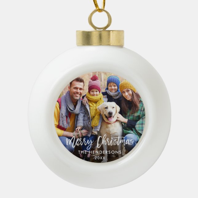 Brush Script Star Family Photo Merry Christmas Ceramic Ball Christmas Ornament (Front)