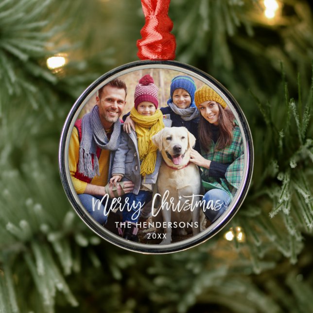 Brush Script Star Family Photo Merry Christmas Metal Ornament (Tree)