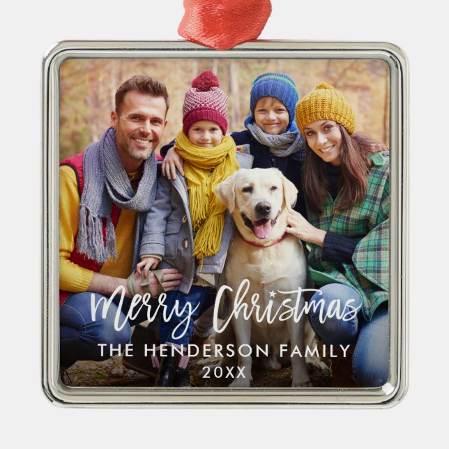 Brush Script Star Family Photo Merry Christmas Sq Metal Ornament (Front)