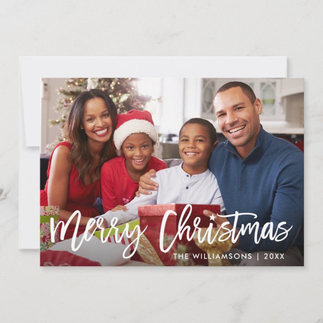 Brush Script Star Merry Christmas Family Photo Holiday Card (Front)