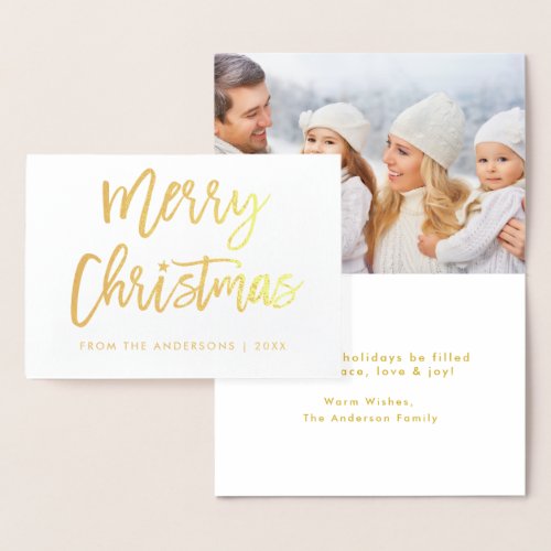 Brush Script Star Merry Christmas Photo Gold Foil Card