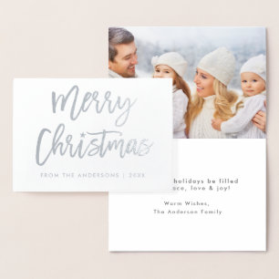 Brush Script Star Merry Christmas Photo Silver Foil Card