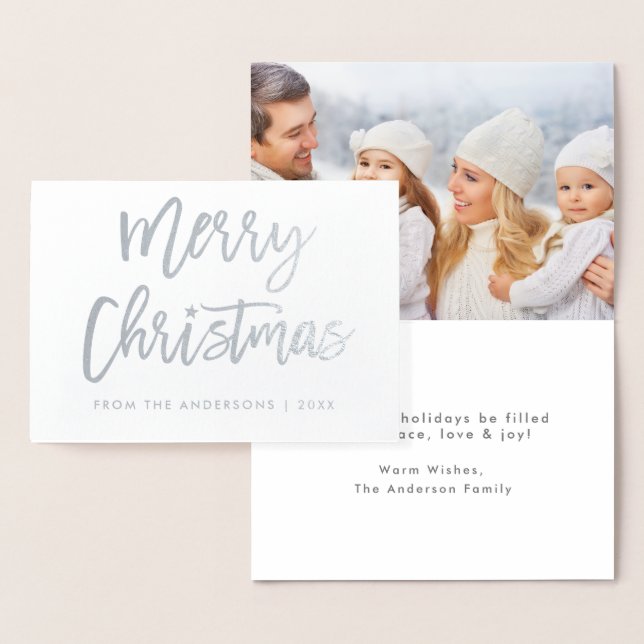 Brush Script Star Merry Christmas Photo Silver Foil Card (Display)