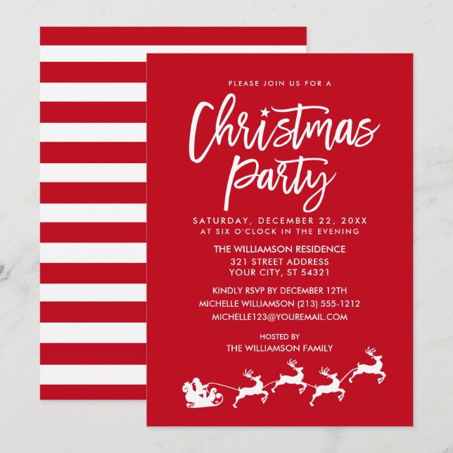 Brush Script Star Santa Christmas Party Striped Invitation (Front/Back)