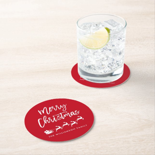 Brush Script Star Santa Merry Christmas Round Paper Coaster (Insitu)