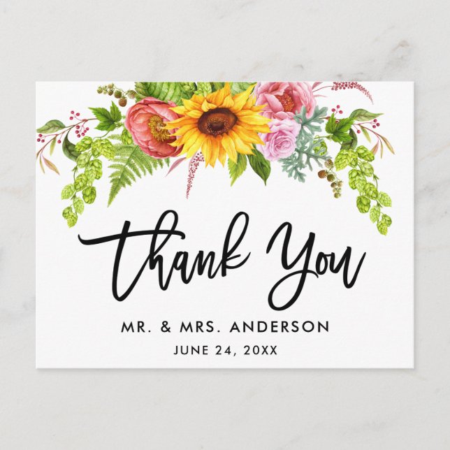 Brush Script Sunflower Floral Wedding Thank You Postcard (Front)