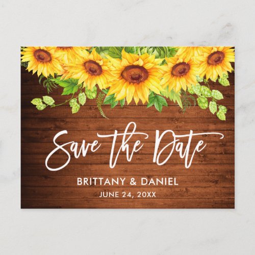 Brush Script Sunflower Floral Wood Save the Date Postcard