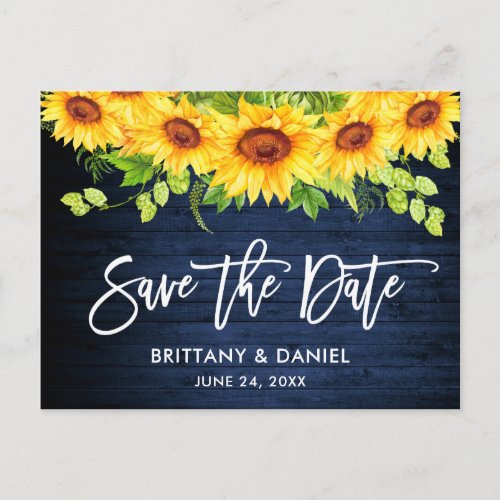 Brush Script Sunflowers Blue Wood Save the Date Postcard