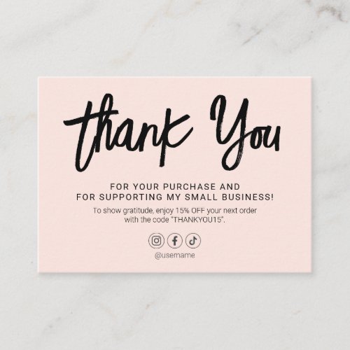 Brush Script Thank You Blush Pink Business Card