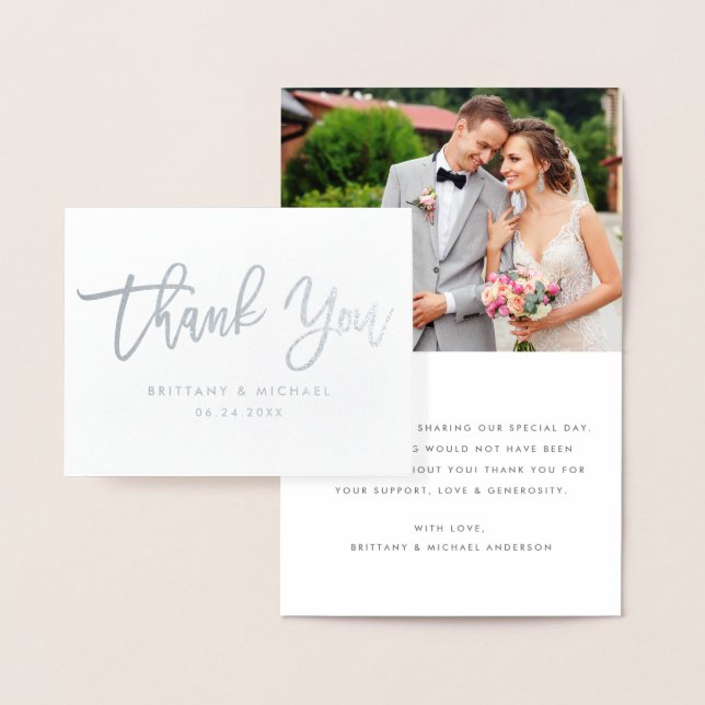 Brush Script Thank You Wedding Photo Note Silver Foil Card (Display)