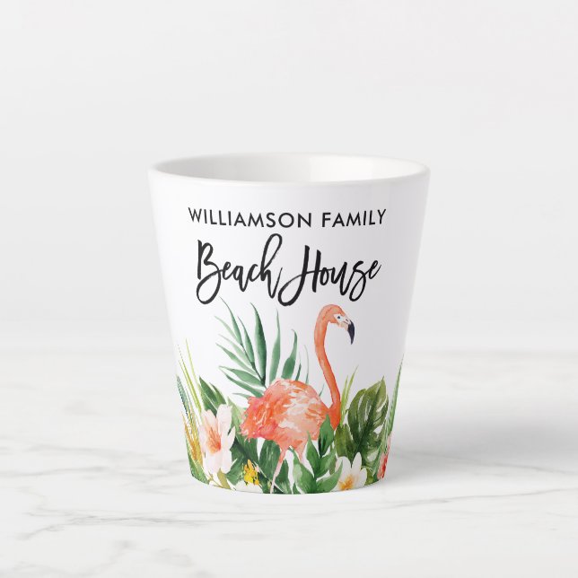 Brush Script Tropical Coral Floral Beach House Latte Mug (Front)