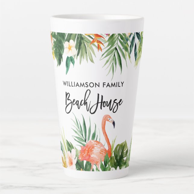 Brush Script Tropical Coral Floral Beach House Lg Latte Mug (Front)