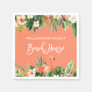 Brush Script Tropical Coral Floral Beach House Napkins