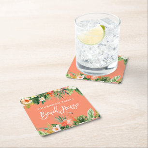 Brush Script Tropical Coral Floral Beach House Square Paper Coaster