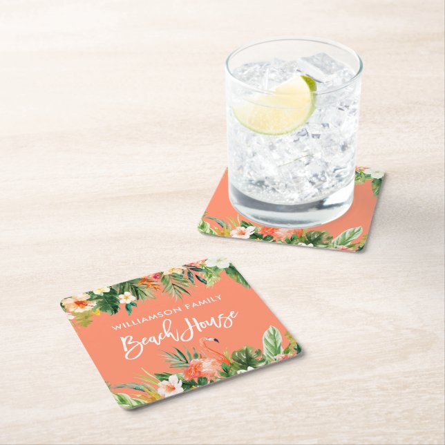 Brush Script Tropical Coral Floral Beach House Square Paper Coaster (Insitu)