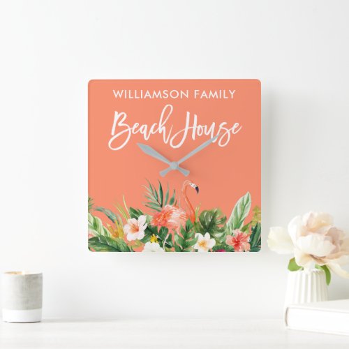 Brush Script Tropical Coral Floral Beach House Square Wall Clock