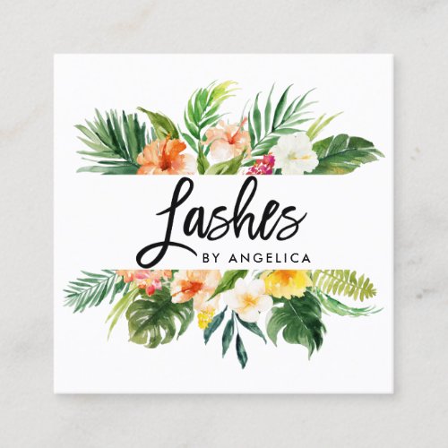 Brush Script Tropical Coral Floral Lashes Square Business Card
