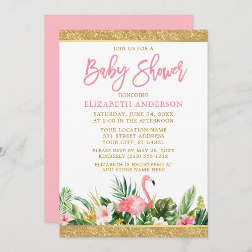 Brush Script Tropical Floral Baby Shower Glitter Invitation