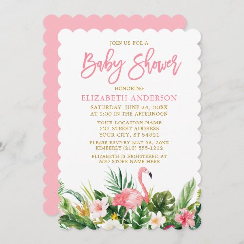 Brush Script Tropical Floral Baby Shower Gold Invitation