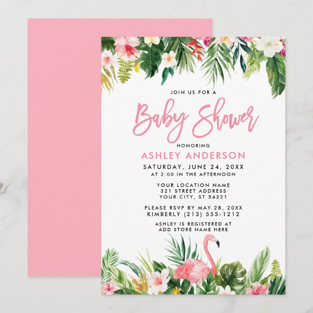 Brush Script Tropical Floral Baby Shower Invitation (Front/Back)