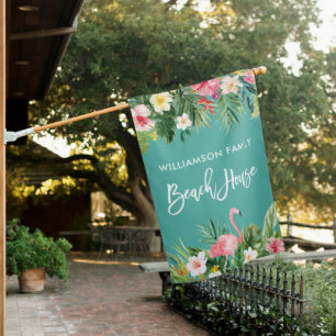 Brush Script Tropical Floral Beach House Flag