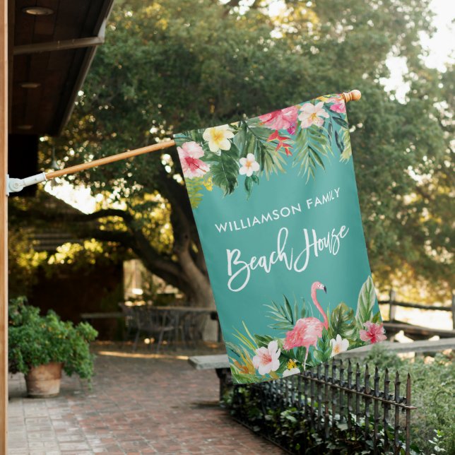 Brush Script Tropical Floral Beach House Flag (In SItu)