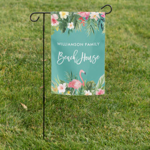 Brush Script Tropical Floral Beach House Garden Flag