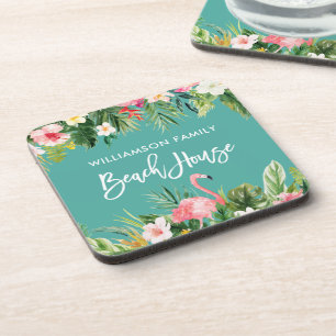 Brush Script Tropical Floral Family Beach House Beverage Coaster
