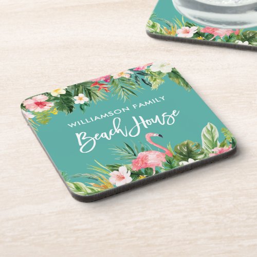 Brush Script Tropical Floral Family Beach House Beverage Coaster