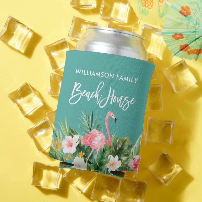 Brush Script Tropical Floral Family Beach House Can Cooler (In Situ Summer)