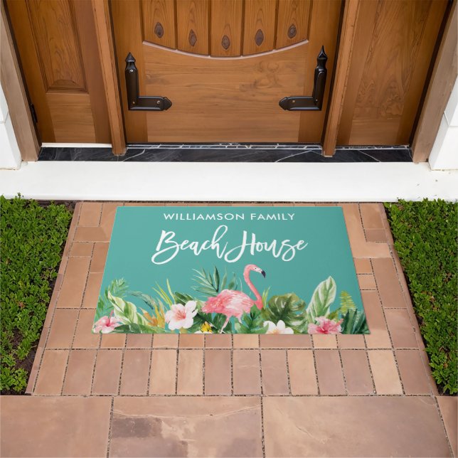 Brush Script Tropical Floral Family Beach House Doormat (Outdoor)