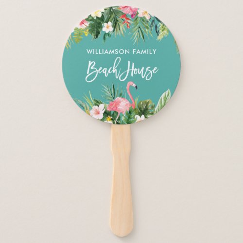 Brush Script Tropical Floral Family Beach House Hand Fan