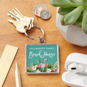 Brush Script Tropical Floral Family Beach House Keychain