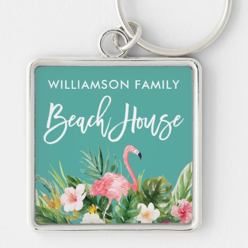 Brush Script Tropical Floral Family Beach House Keychain