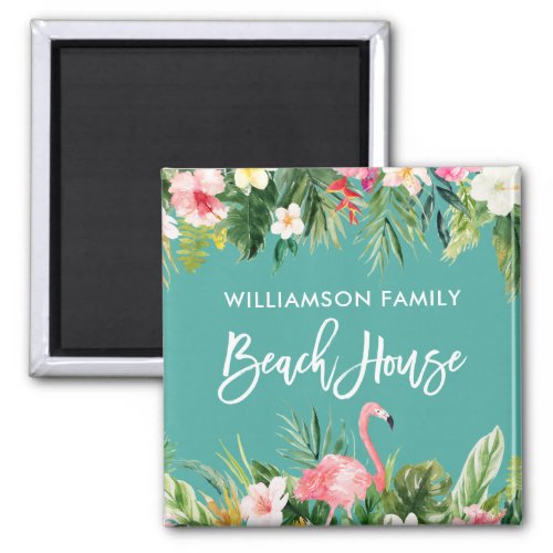 Brush Script Tropical Floral Family Beach House Magnet