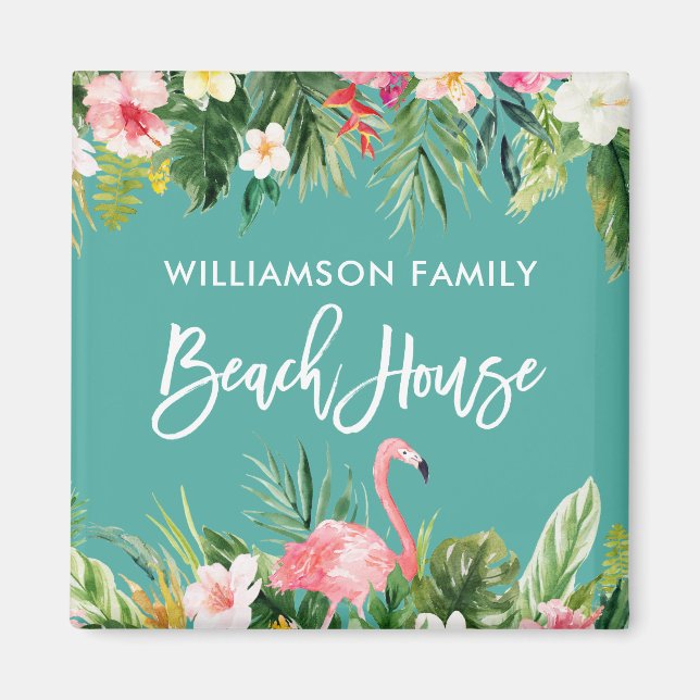 Brush Script Tropical Floral Family Beach House Magnet (Front)